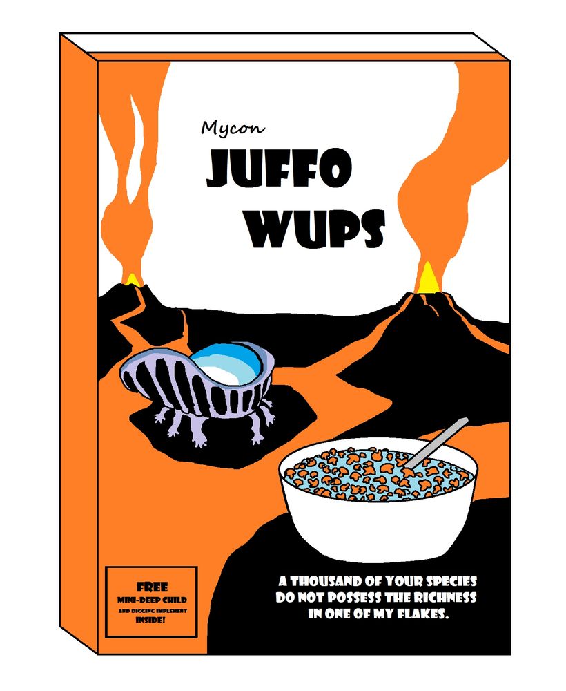 Poorly drawn mockup of a cereal box of Mycon Juffo Wups cereal. Subtitled, a thousand of your species do not possess the richness of one of my flakes.