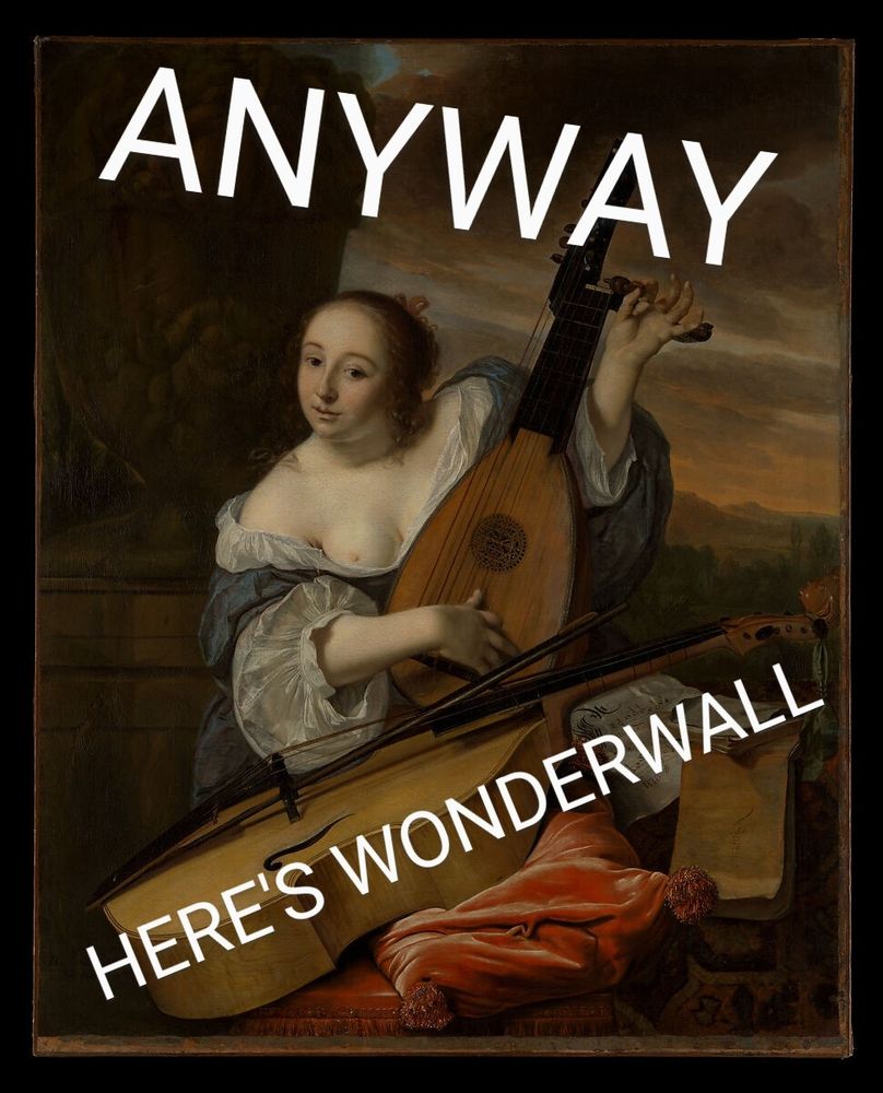 A woman playing a lute and a big cello, captioned anyways here's wonderwall. 