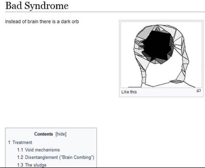 Wikipedia style page titled Bad Syndrome. The description reads, instead of brain there is a dark orb. An image captioned "like this" shows a low polygon model of a head with a dark hole in it.