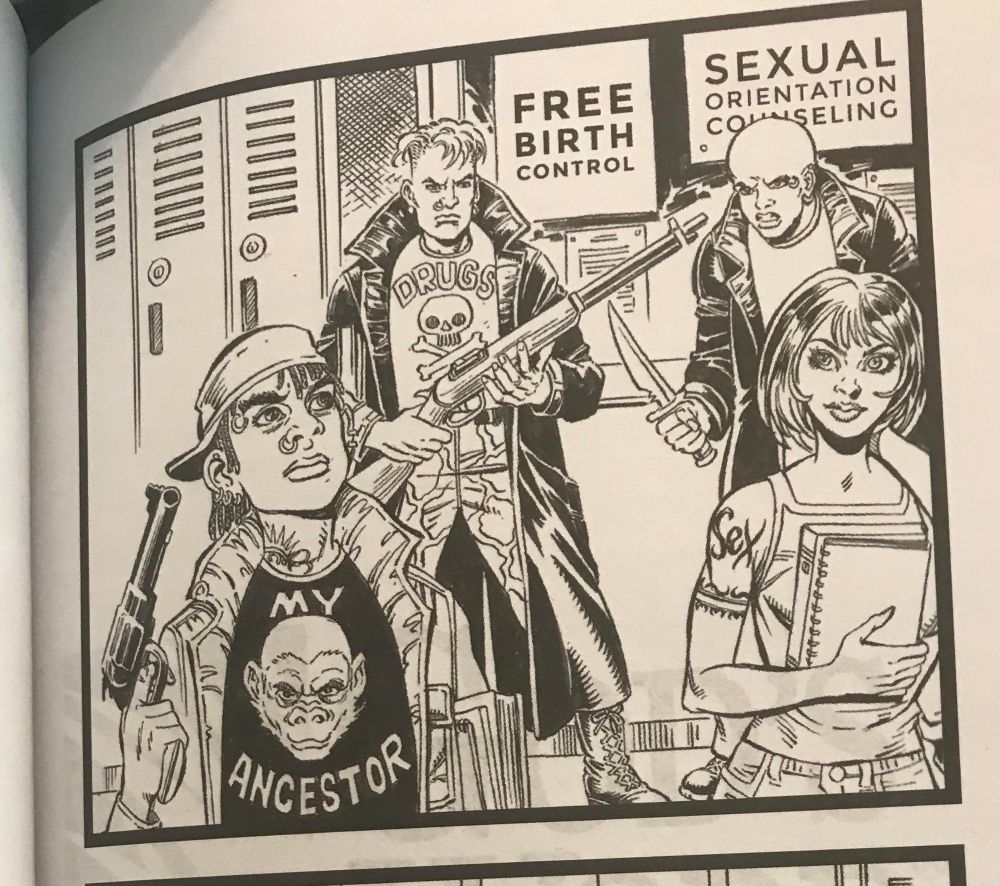 Chick tract showing a public school hallway with posters that say free birth control and sexual orientation counseling. There are four students: a guy with facial piercings, revolver, backwards baseball cap, and a shirt with a monkey that says my ancestor. A punk in a trench coat with a shotgun and a shirt that says drugs and has a skull on it. A bald boy in a leather jacket with a knife. And a girl in a tank top with a tattoo of the word sex. 