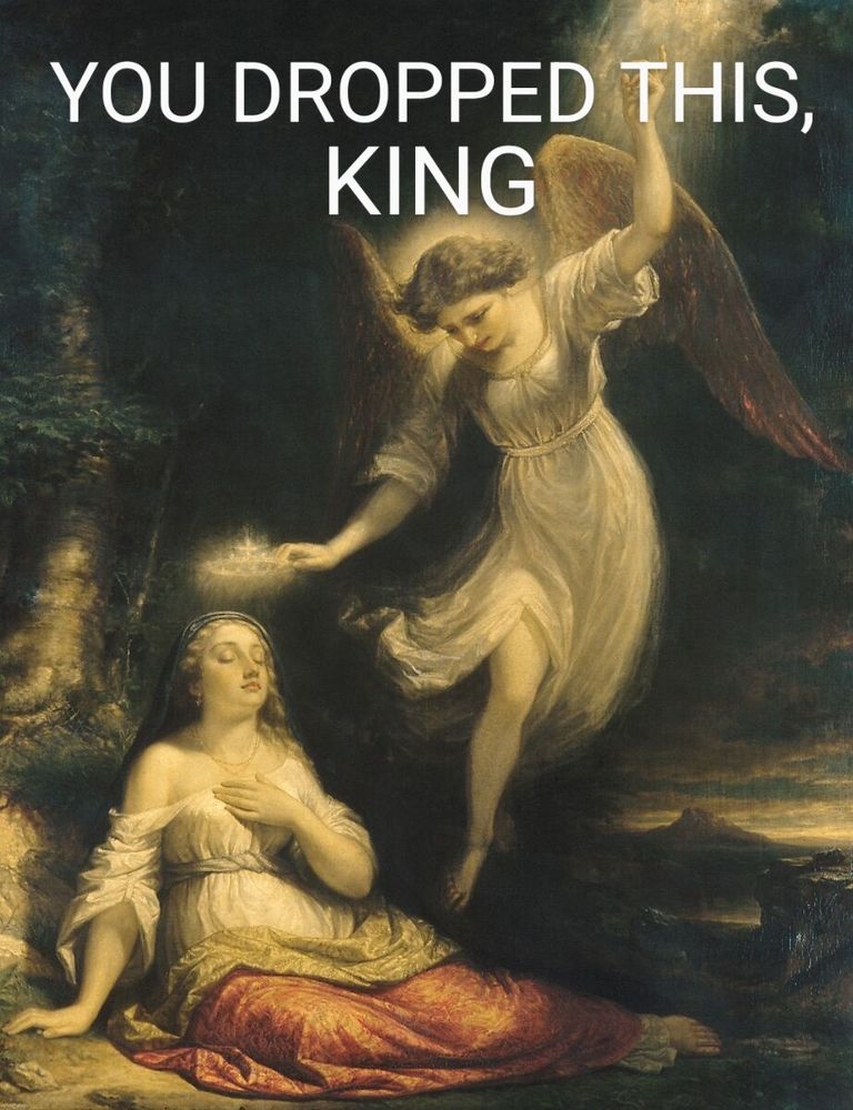 An angel descending from above to place a golden crown on a woman's head. 