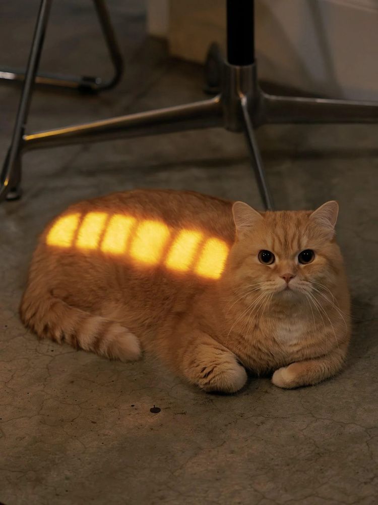 An orange cat loafing. The setting sun protecting light through a barred window creates the impression of a battery charge bar glowing on the cat's back. 