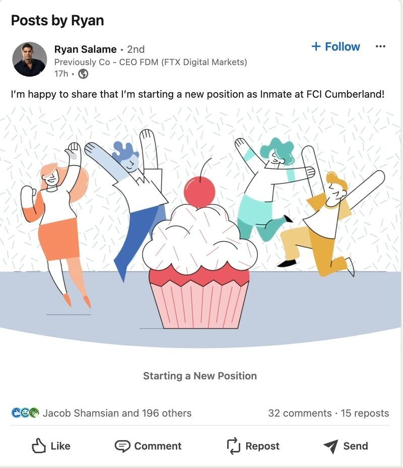 Linkedin new job post but it says "a new position as Inmate at FCI Cumberland"