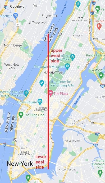 Map of Manhattan showing the upper west side in relation to the lower east side
