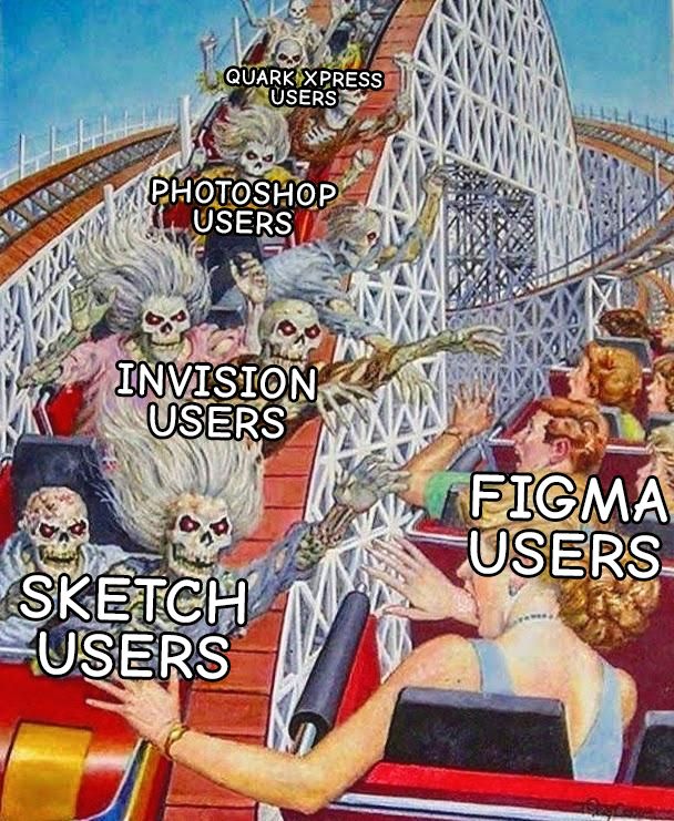 A roller coaster of people marked "Figma users" is being terrorized by a roller coaster going the opposite ways full of skeletons marked Sketch users, Invision users, Photoshop users, and Quark Xpress users