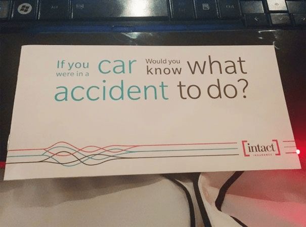 A card that says, if you were in a car accident would you know what to do? But the layout of the text is absolutely chaotic and mixes rows and columns in a weird way. 