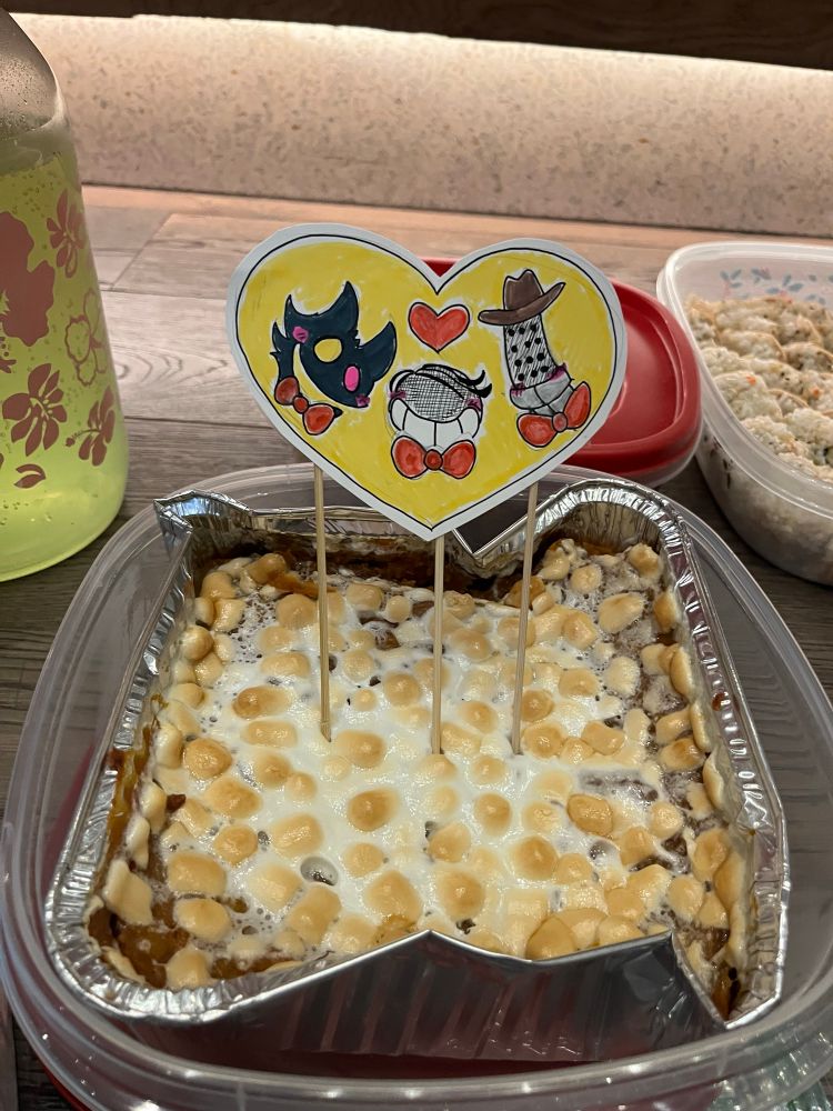 Sweet potato casserole with Mike fan art I drew, the three Mikes are in a heart!