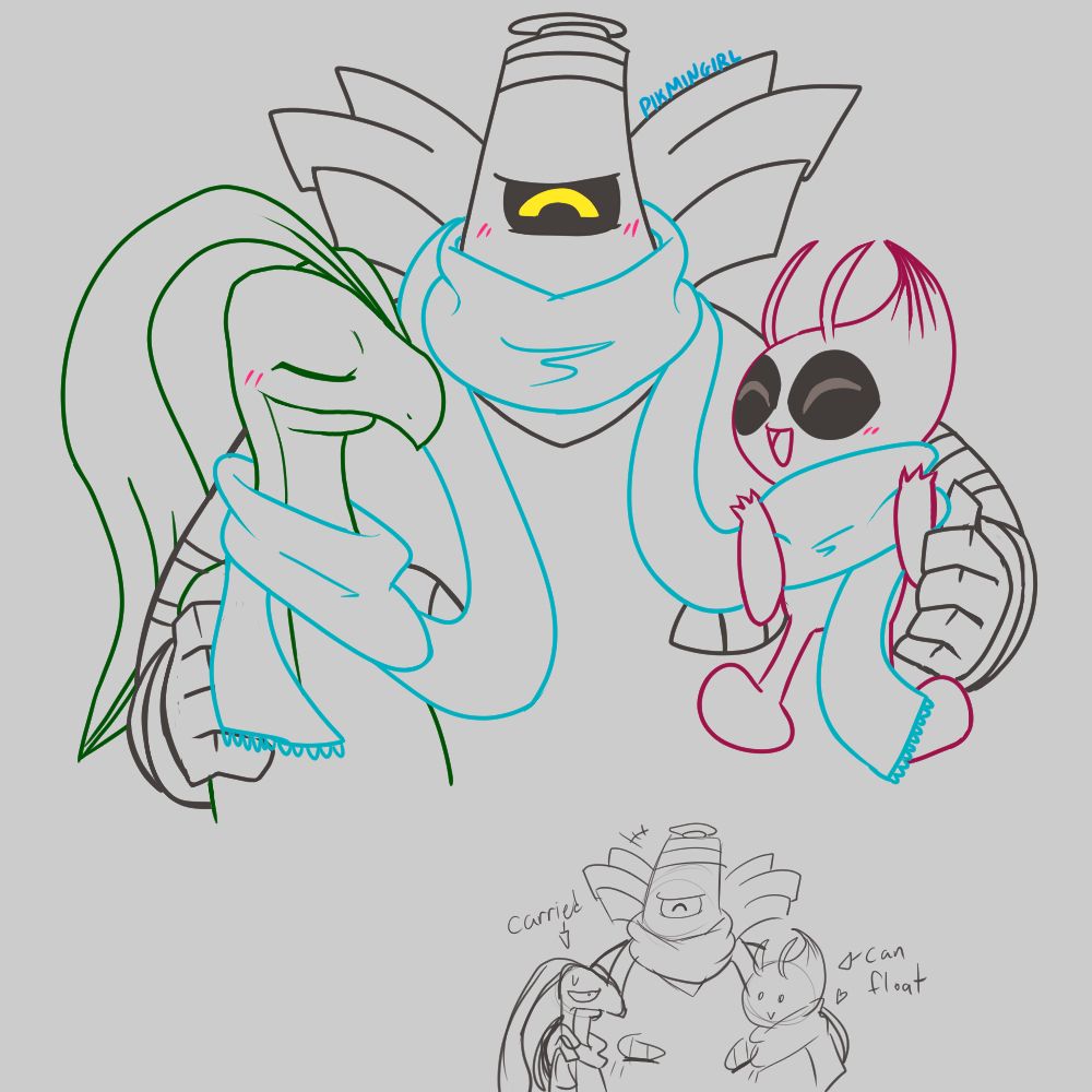 The Future Trio (Grovyle, Dusknoir, Shiny Celebi) together sharing a long cozy scarf. Grovyle is shorter than Dusknoir so he needed some lifting help to get close in range of the picture.