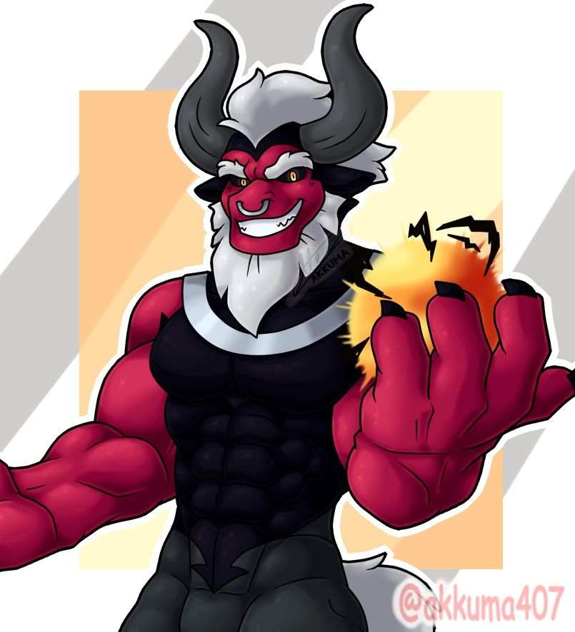Tirek from my little pony, he is a centaur but his head is the one of a buff, his skin is red and he is charging magic in his hand while smiling 