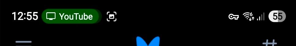 a cropped sliver of a screenshot off of my phone, showing from left to right "12:55 - YouTube - (notification pip indicating a screenshot was taken)    vpn connected - wifi connected - mobile network strength moderate - 55% battery

the funny to me being the minutes are 55 and my battery is also 55!