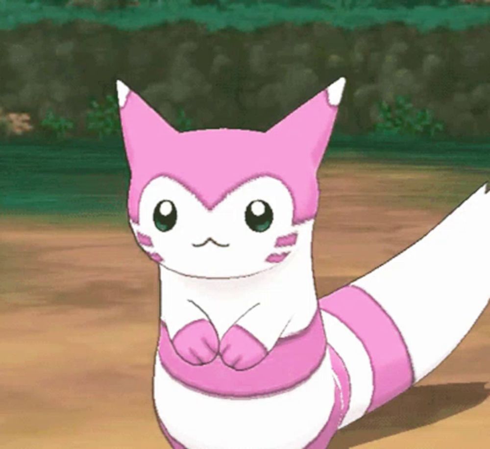 a pink and white cartoon character with a green eye