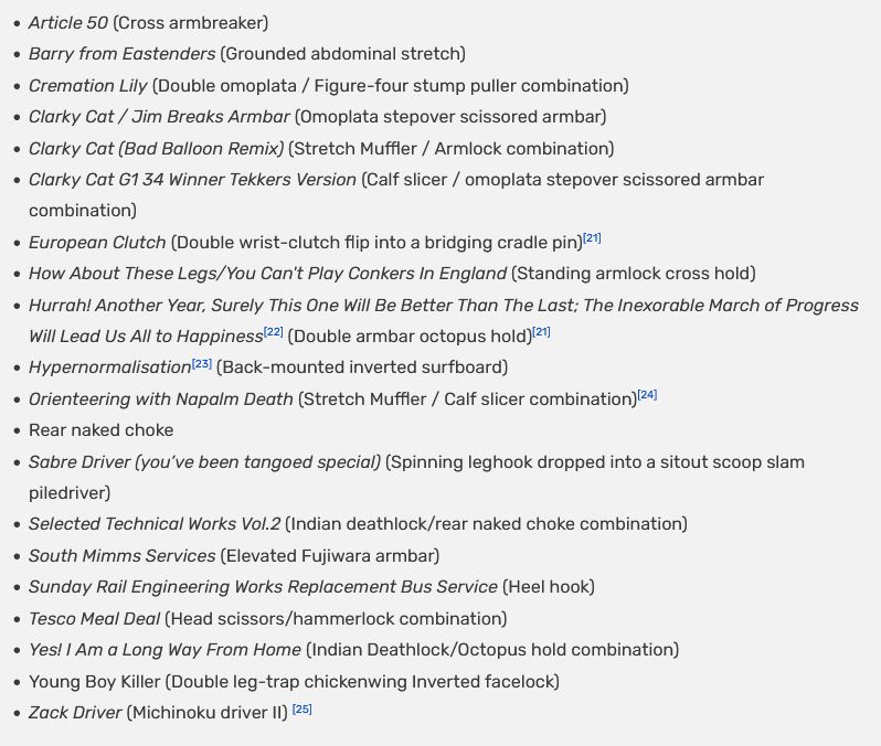 Zack Sabre Jr's various submission holds and finishing moves and the bizarre names he has given them.