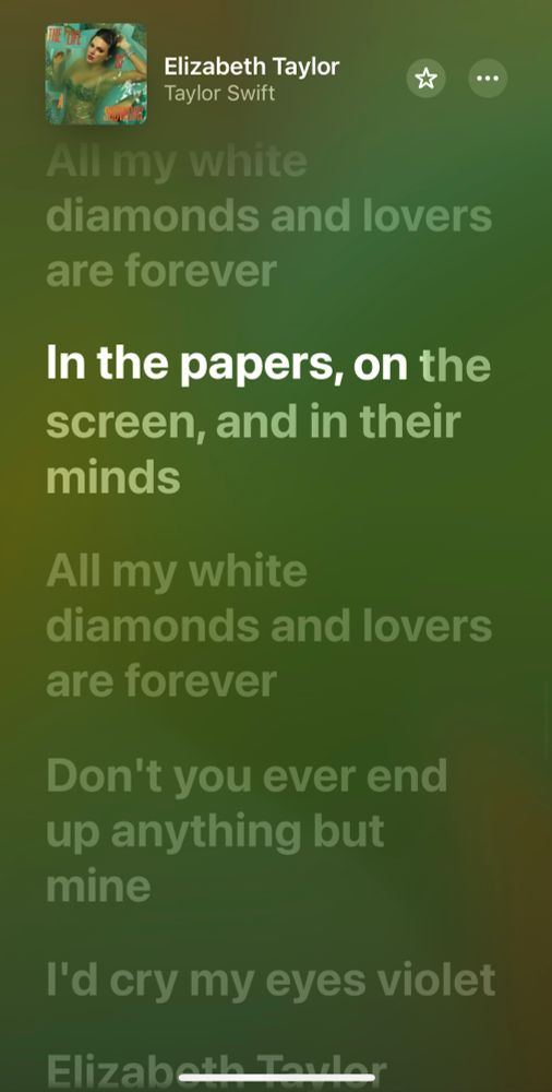 Screenshot from Apple Music

Elizabeth Taylor
•••
Taylor Swift
All my white diamonds and lovers are forever
In the papers, on the screen, and in their minds
All my white diamonds and lovers are forever
Don't you ever end up anything but mine
I'd cry my eyes violet
Elizabeth Taylor