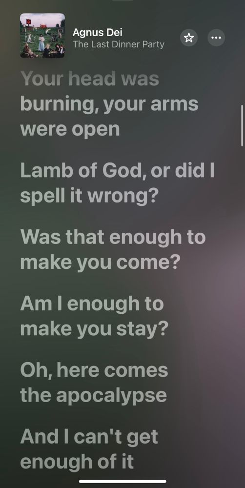 Screenshot from Apple Music showing lyrics. 

Agnus Dei
The Last Dinner Party
.. •
Your head was burning, your arms were open
Lamb of God, or did I spell it wrong?
Was that enough to make you come?
Am I enough to make you stay?
Oh, here comes the apocalypse
And I can't get enough of it