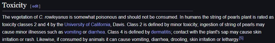 Toxicity
The vegetation of C. rowleyanus is somewhat poisonous and should not be consumed. In humans the string of pearls plant is rated as toxicity classes 2 and 4 by the University of California, Davis. Class 2 is defined by minor toxicity; ingestion of string of pearls may cause minor illnesses such as vomiting or diarrhea. Class 4 is defined by dermatitis; contact with the plant's sap may cause skin irritation or rash. Likewise, if consumed by animals it can cause vomiting, diarrhea, drooling, skin irritation or lethargy.[5]