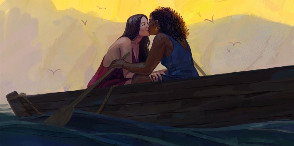 An illustration of Siuan and Moiraine from the Wheel of Time, sitting in a rowboat in the fading daylight. Moiraine in a long, red tunic leans forward to kiss Siuan, while Siuan, wearing a royal blue tunic, rows the boat with two oars.