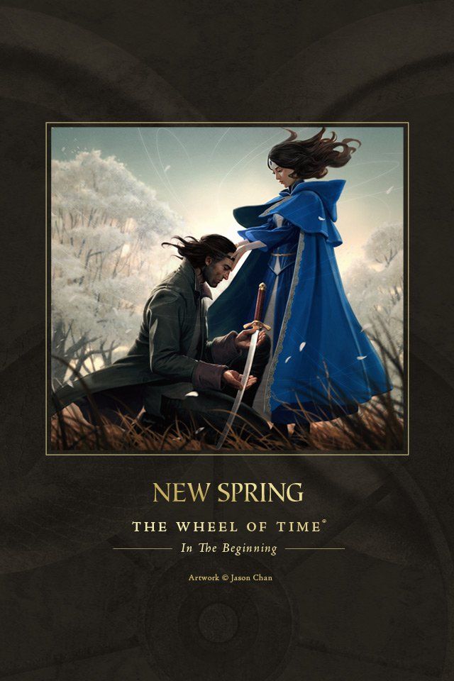 Cover art of New Spring by Jason Chan depicting the scene where Moiraine bonds Lan.