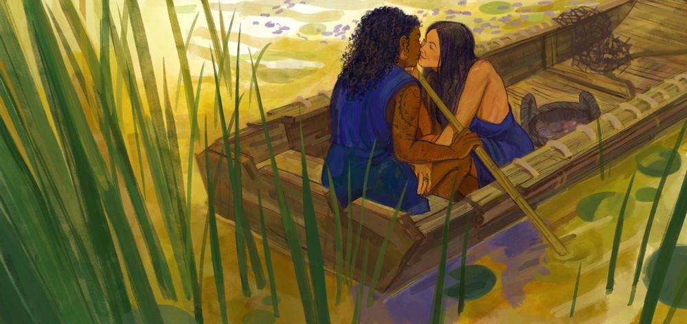 An illustration depicting Siuan and Moiraine from The Wheel of Time. Both women wear royal blue garments, seated in a fishing boat, floating among tall grass and lily pads on a warm, sunny day. A smiling Siuan holds the oar in one hand, leaning forward to kiss a content Moiraine. Moiraine cups Siuan's chin in one hand, the other hand trailing up Siuan's thigh.