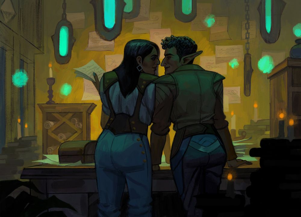 An illustration set inside Neve's dimly-lit office at night. Silhouetted by hanging teal lanterns and warm candlelight, Neve and Rook stand before a wall of clues. They lean in close to each other while poring over papers on Neve's desk.