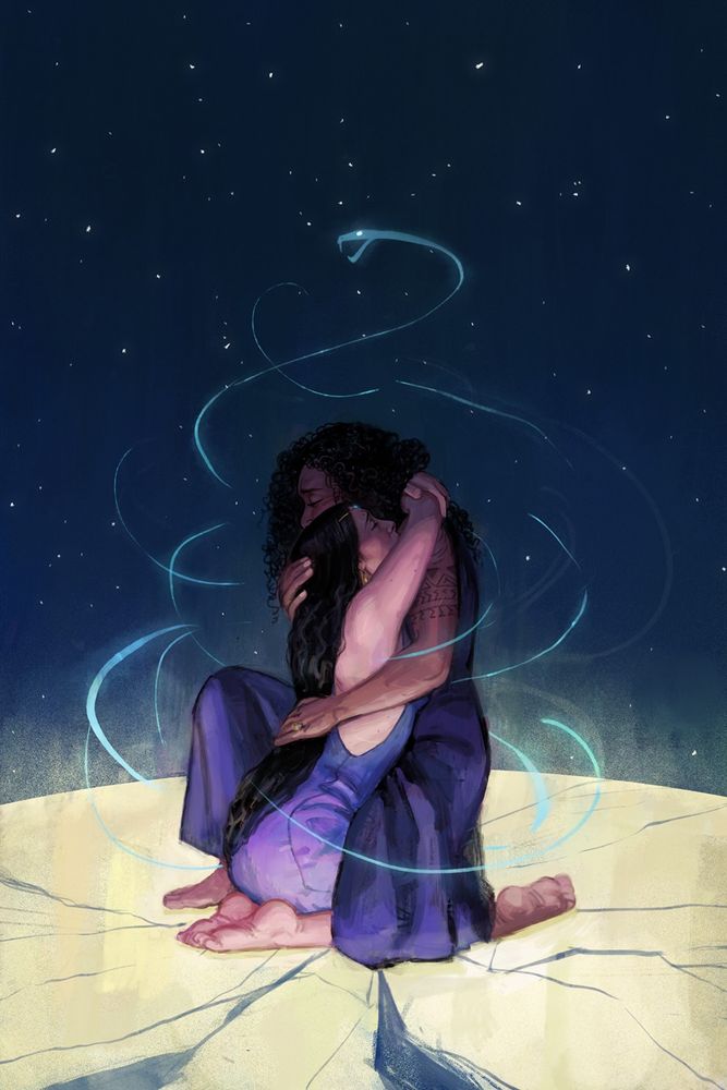 An illustration depicting Siuan and Moiraine from The Wheel of Time. The two women, clad in blue dresses, kneel on a giant, illuminated, cracking disc. Moiraine hangs desperately from Siuan's neck, as Siuan clutches her tight against her front. Magical weaves encircle them, spiraling upward into the starry backdrop, and ending in the shape of a serpent's head.