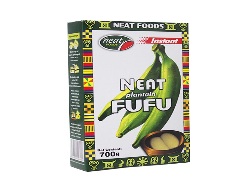 A box of "Neat fufu", which is actually a flour made from plantains.