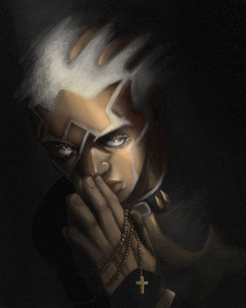 Enrico Pucci from JoJo's bizarre adventure praying while light shines on him from above