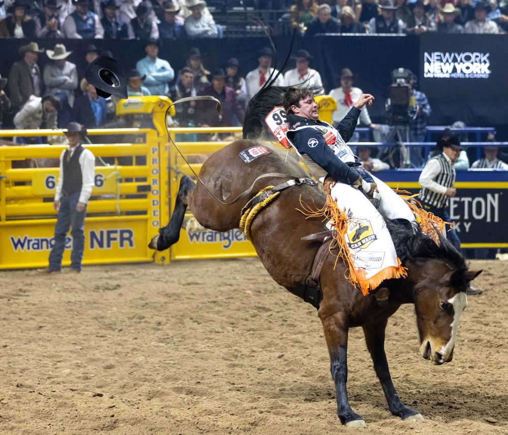 Cole Reiner competes in the bareback riding event.