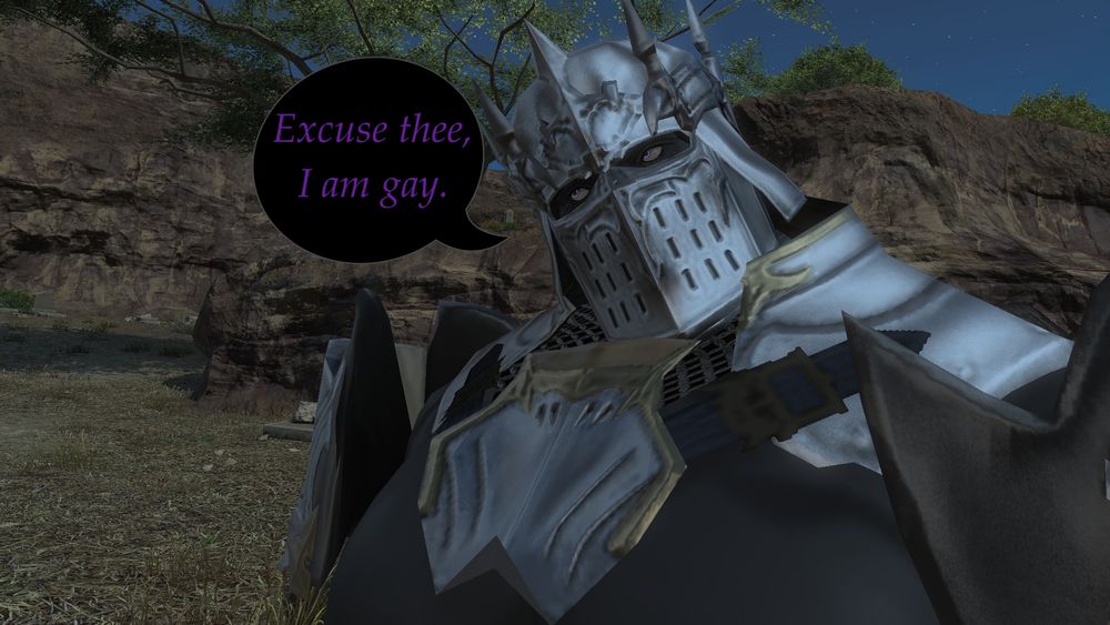The knight immediately detects the chickening out of the drunkard, and firmly retorts the implications that his girl found another man.

Sir Auld Bones: Excuse thee, I am gay.