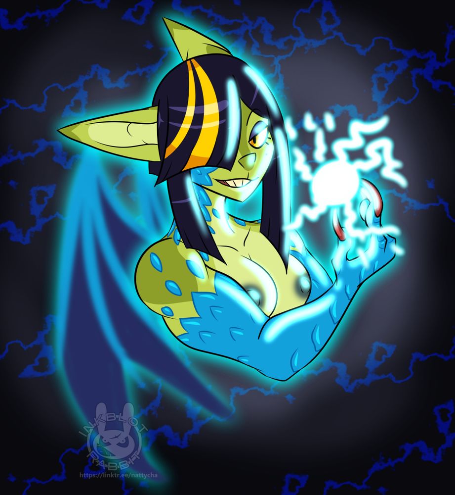 A flat-colored drawing of a draconic goblin; she has blue scales up and down her arms, neck and shoulders, short, black-bobbed hair with two topaz streaks going through it, a single, visible gold eye, long, red talons on her visible arm, and she is nude with her naked breasts on full display while she is grinning; this version has her conjuring lightning from her fingertips