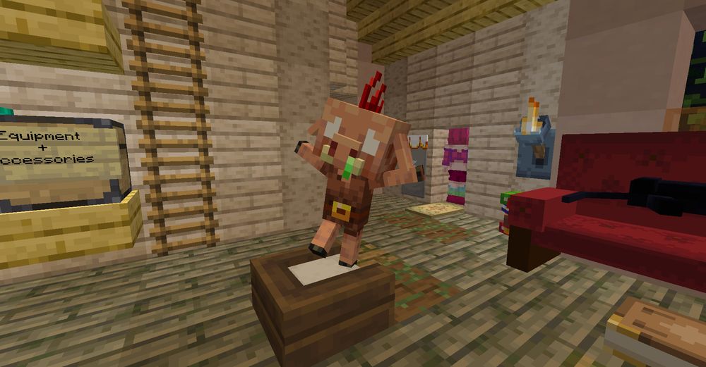 A minecraft screenshot depicting a baby piglin with a red, spiky moehawk+a bit of snot dribbling from out his nose, he is standing on a pet bed and dancing