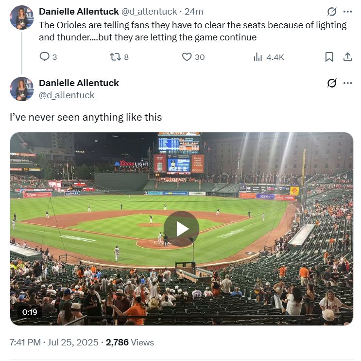Tweets showing Baltimore Orioles playing baseball during thunderstorm.
