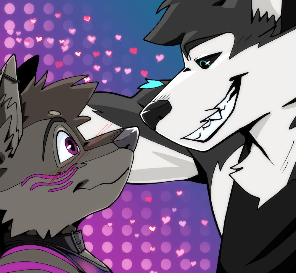 Ceeps Husky stares Sinhto Coyote deep down into his soul with a lovingly suggestive gaze, arm against the wall he has Sinhto backed against. Sinhto states back up at the husky, a flustered look on his face. 