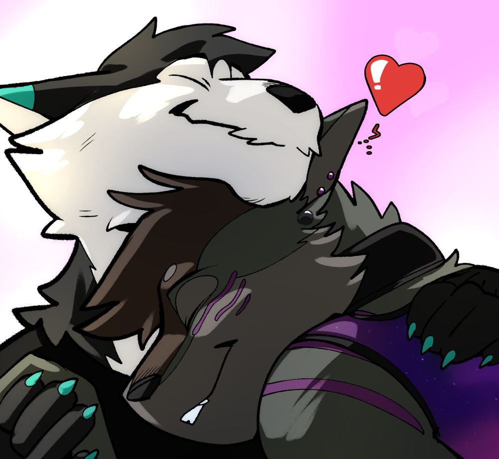 Ceeps Husky wrapping his arms around his boyfriend, Sinhto Coyote, in a loving embrace. Their eyes are closed and faces full of happiness.

