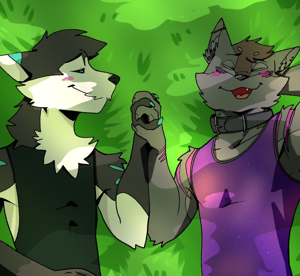 Ceeps Husky links his paw with Sinhto Coyote's and looks at him lovingly while they both lay together side by side on a bed of green grass. 