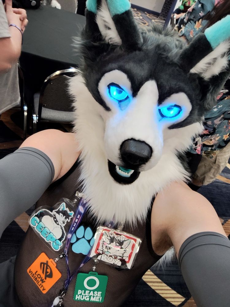 Ceeps Husky selfie staring open-mouthed into the camera with glowing blue LED eyes, bicep length arm sleeves, fishnet tank top, and an assortment of badges on his chest. 