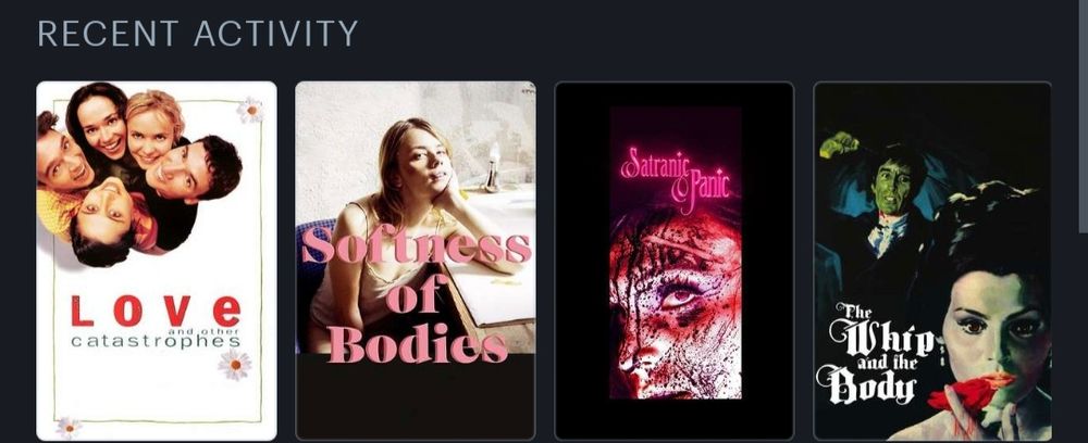Movie posters for Love and Other Catastrophes (1996), Softness of Bodies (2018), Satranic Panic (2023), The Whip and the Body (1963)
