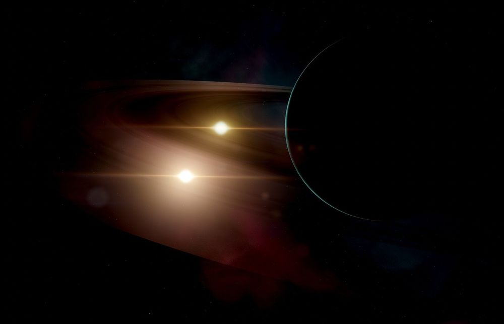 a binary star system seen through the clear rings of an obscured planet.