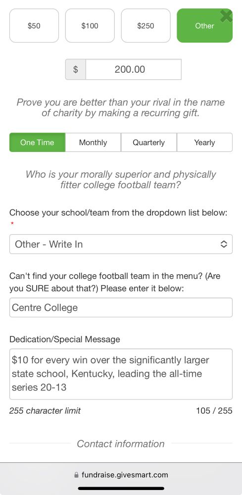 Donation to New American Pathways as part of the Charitibundi bowl in the name of Centre College