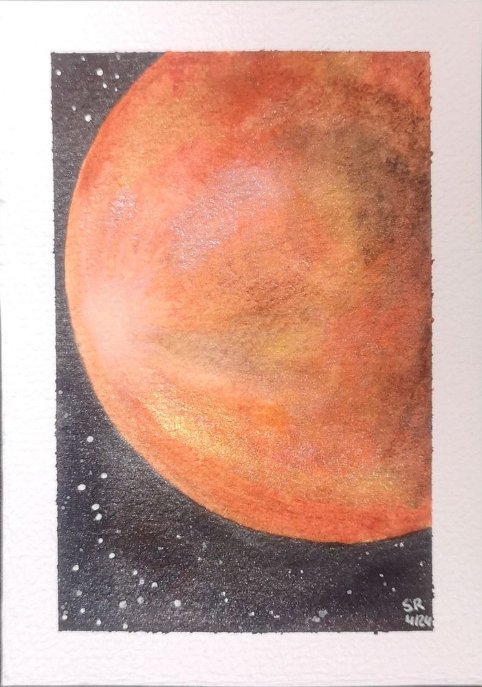 Bild eines roten Planeten auf schwarzem Grund mit Sternen