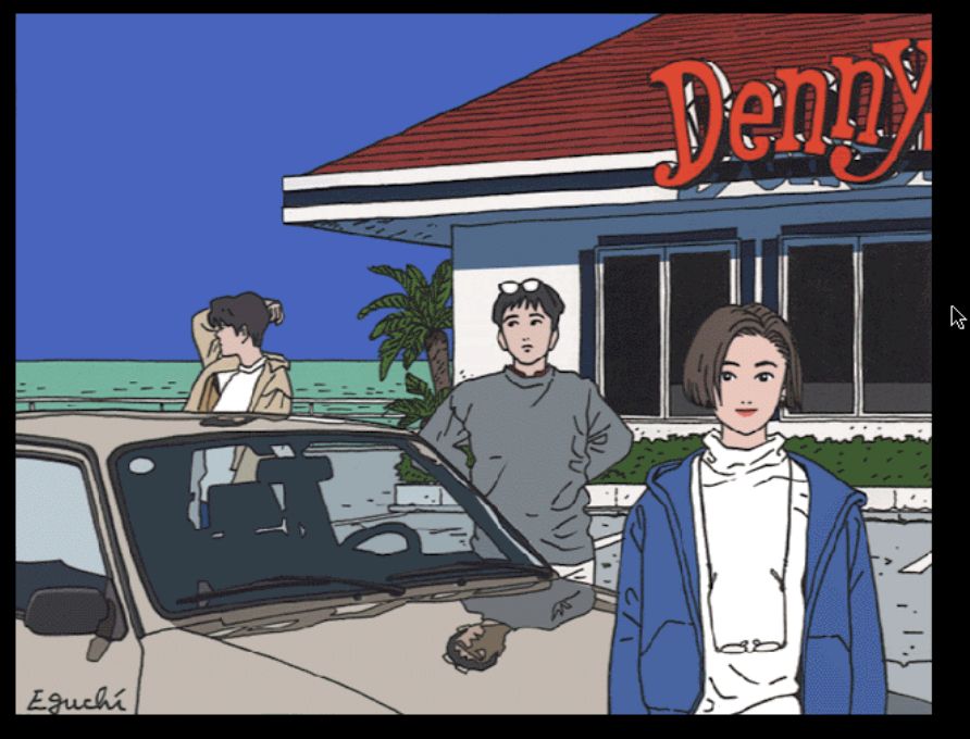 Art of three teenagers lingering outside their call in front of a Denny's. Left to right, someone in the distance looks away, some holds their back and looks impatient, and the third looks at us, content. Art by Eguchi Hisashi, from Eguchi Hisashi CG Museum