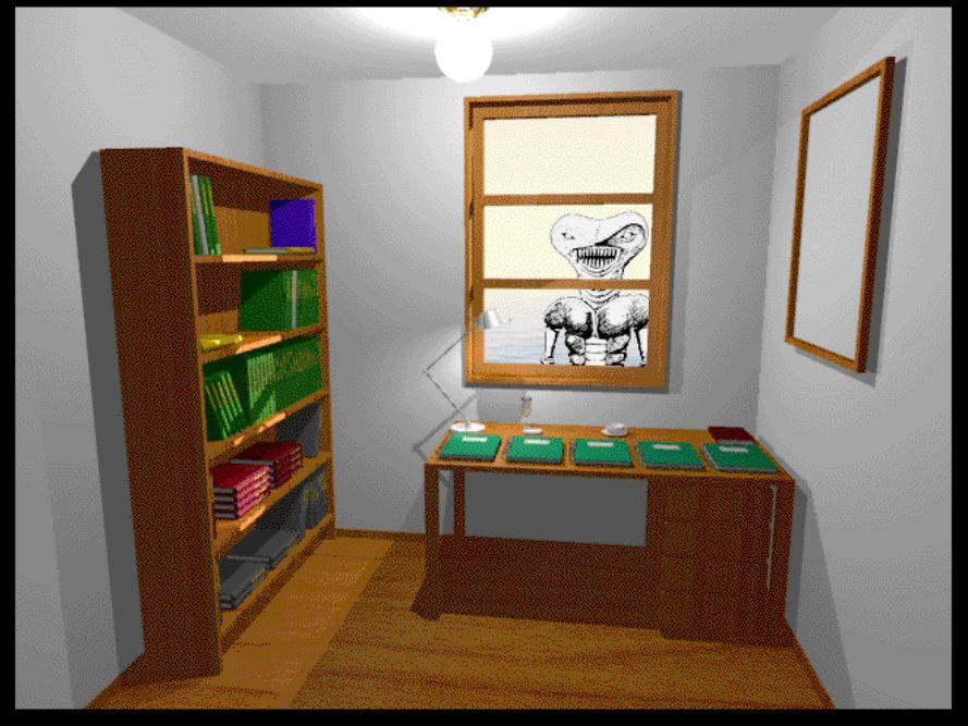 A mid-90s CG image of a small room adorned with a desk and a bookshelf, each covered in sketchbooks. Outside the window is a creature with sharp teeth.