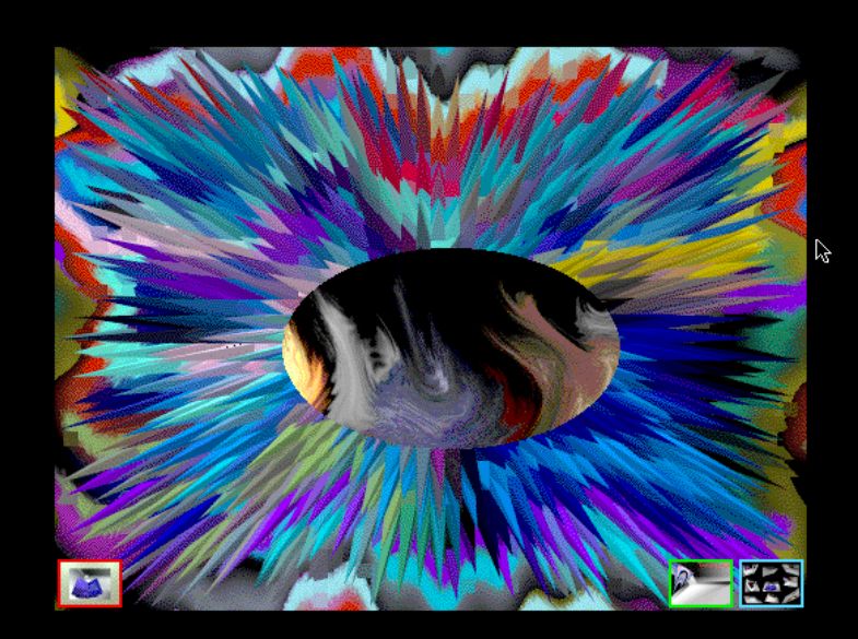 A psychedelic image made of polygons, spikes flaring out at every angle from an oval shaped center filled with blurry, swirling images.