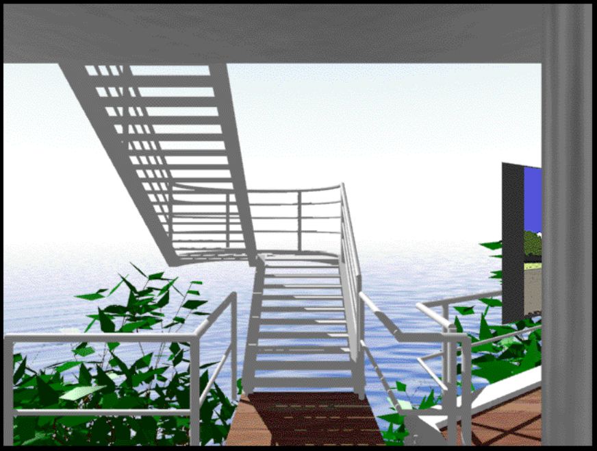A mid-90s CG rendering of a staircase bending over the sea.