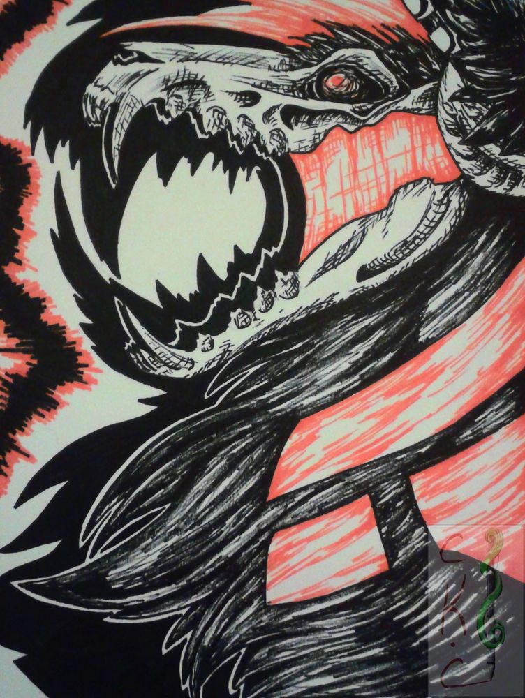 The stylized head and neck of a black and orange hellhound with a skull face.