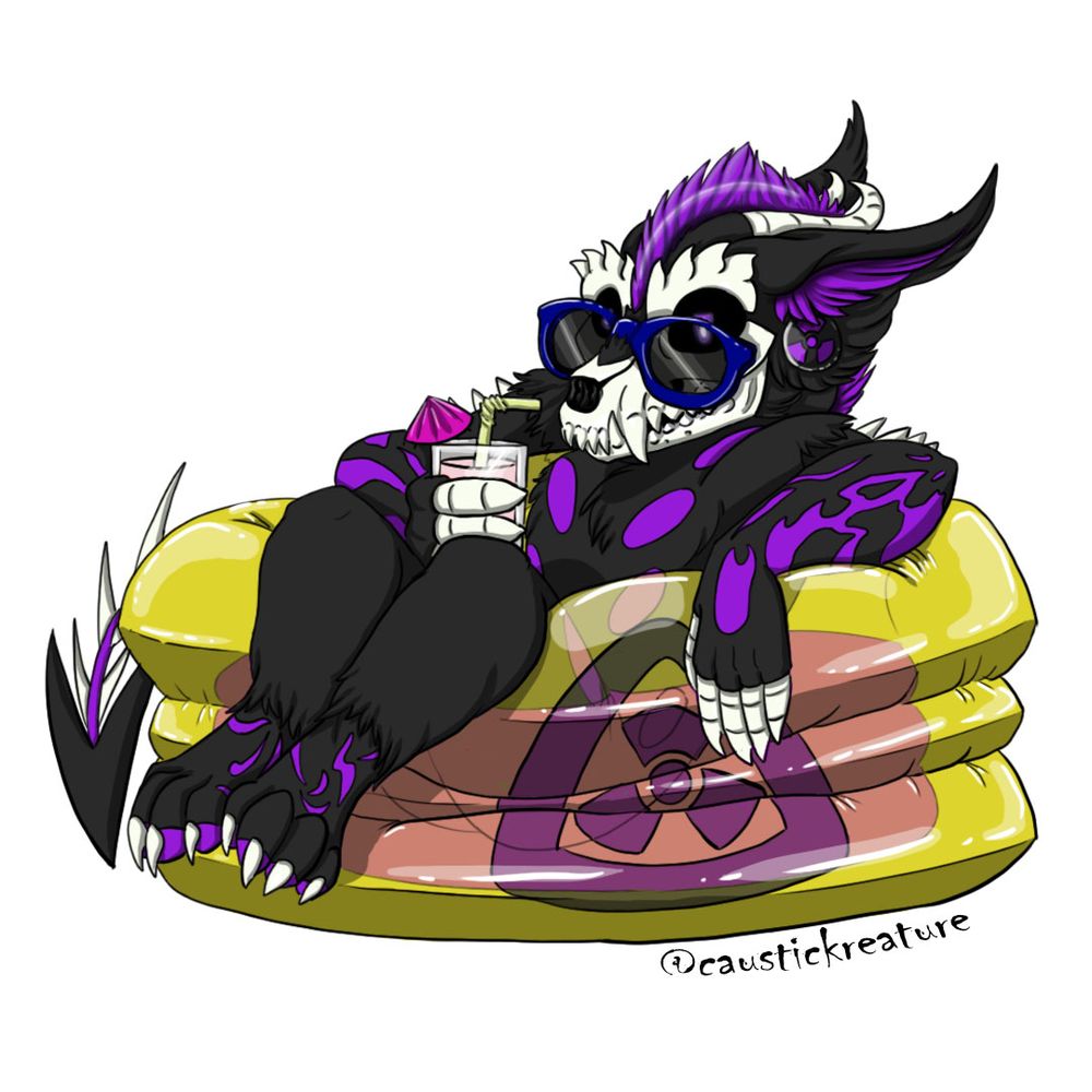 A purple and black hellhound with a skull face lounges in a yellow inflatable pool. 