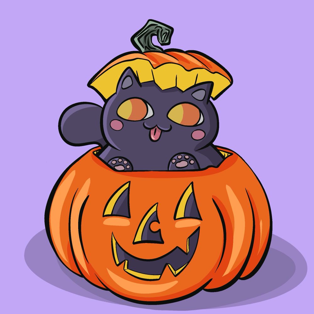 A digital illustration of a cat in a jack o lantern 