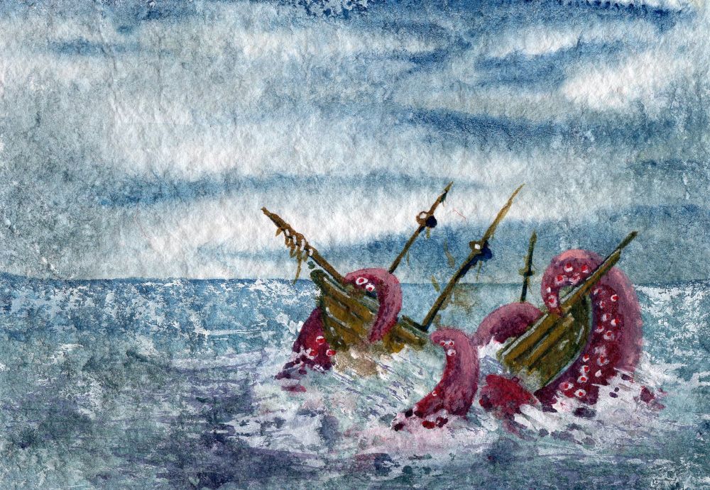 Another painting of a giant squid attacking a ship 2023 
