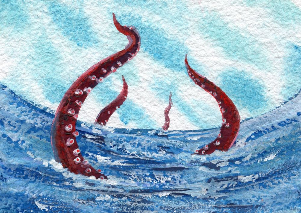 A painting of tentacles emerging from the sea 2022