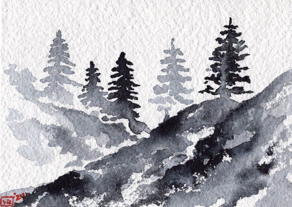 A watercolor painting of firs on a misty mountain. 