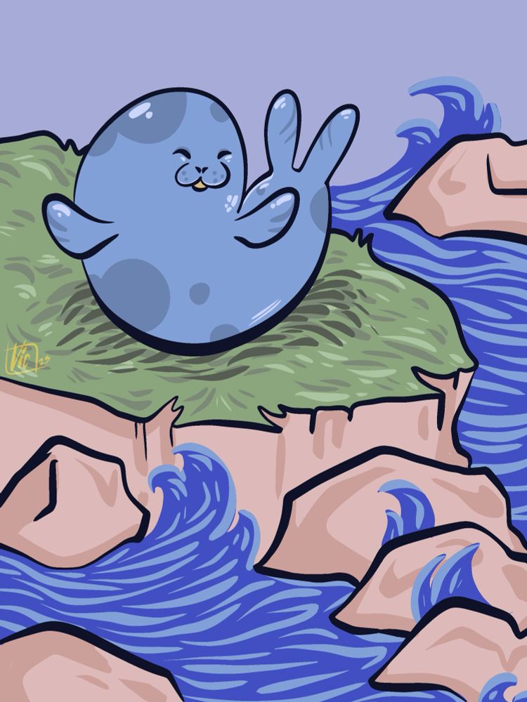 A seal on a grassy pink granite rock , digital illustration made with ProCreate 
